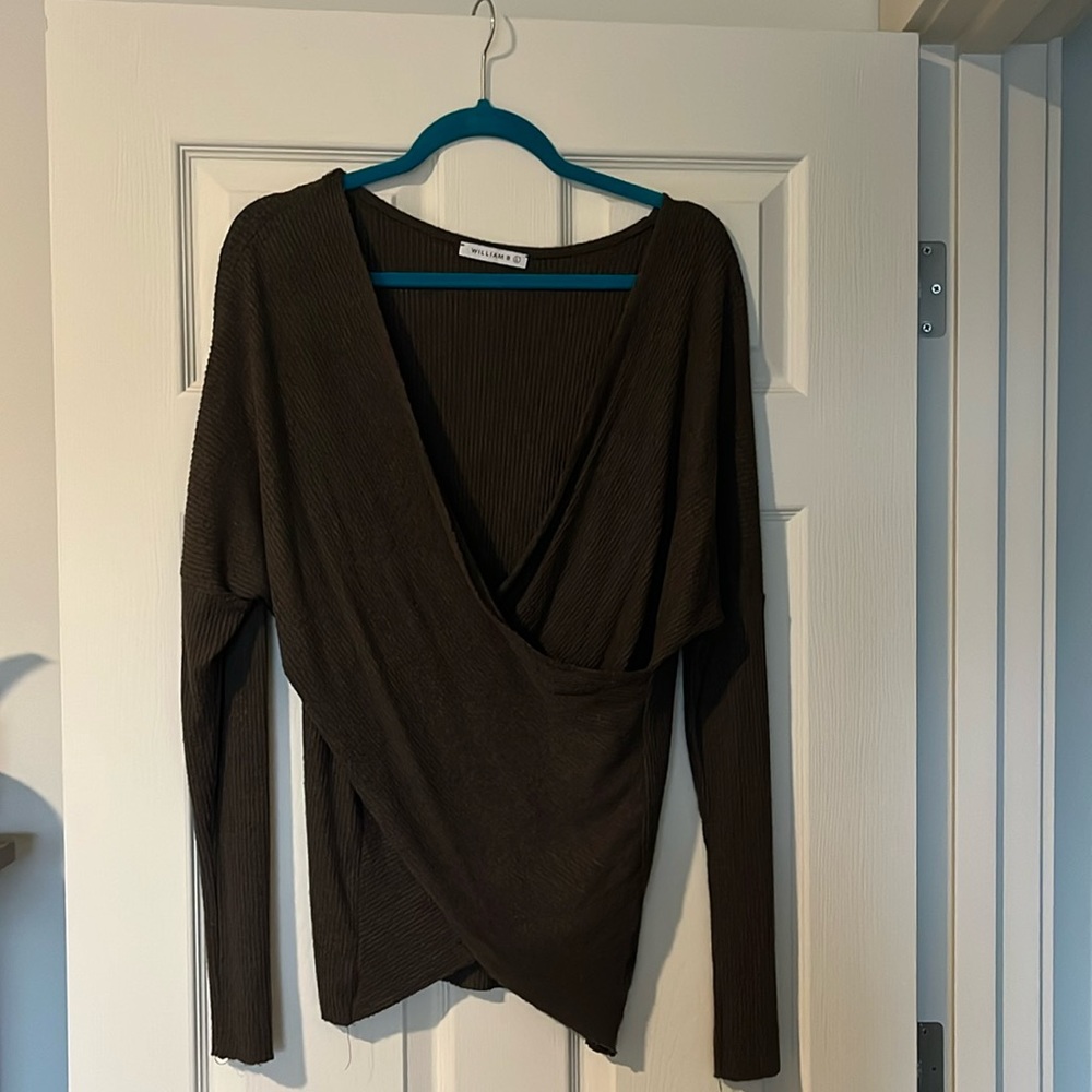 Sweater by Williams B. Color is olive green.